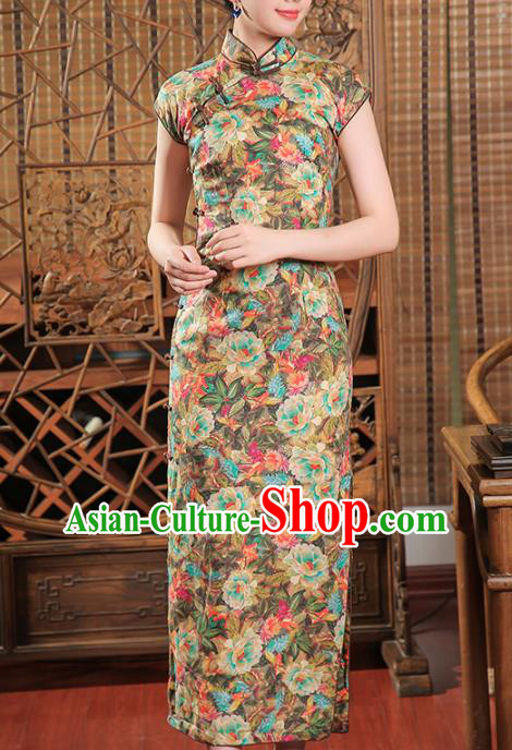 Chinese Traditional Printing Peony Flax Qipao Dress Clothing Classical Slant Opening Cheongsam