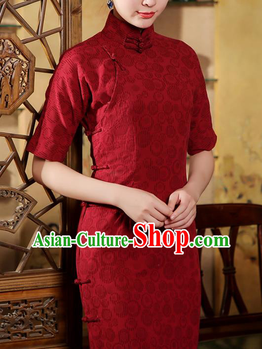 Chinese Classical Jacquard Cheongsam Catwalks Clothing Traditional Wine Red Flax Qipao Dress