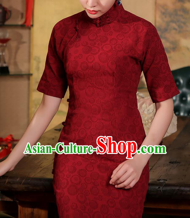 Chinese Classical Jacquard Cheongsam Catwalks Clothing Traditional Wine Red Flax Qipao Dress