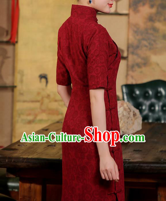 Chinese Classical Jacquard Cheongsam Catwalks Clothing Traditional Wine Red Flax Qipao Dress