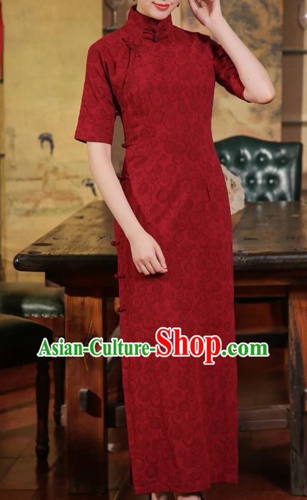 Chinese Classical Jacquard Cheongsam Catwalks Clothing Traditional Wine Red Flax Qipao Dress