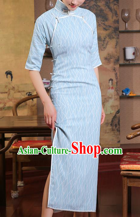 Chinese Traditional Light Blue Qipao Dress Classical Cheongsam Old Shanghai Woman Clothing