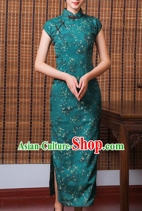 Chinese Classical Cheongsam Old Shanghai Woman Clothing Traditional Printing Deep Green Ramie Qipao Dress