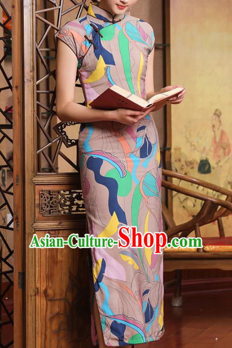 Chinese Traditional Printing Light Brown Qipao Dress Old Shanghai Woman Clothing Classical Cheongsam