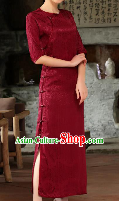 Chinese Woman Catwalks Clothing Classical Slant Opening Cheongsam Traditional Wine Red Tencel Qipao Dress