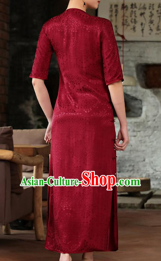 Chinese Woman Catwalks Clothing Classical Slant Opening Cheongsam Traditional Wine Red Tencel Qipao Dress