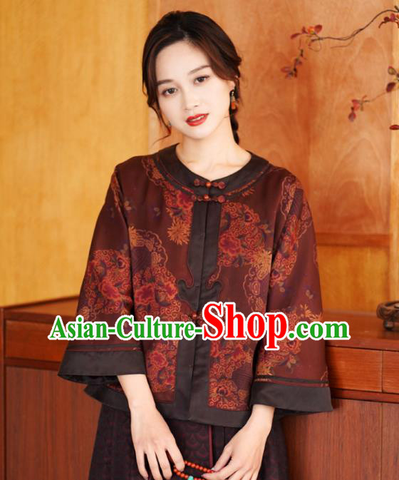 China Traditional Tang Suit Drak Red Silk Jacket National Gambiered Guangdong Gauze Outer Garment