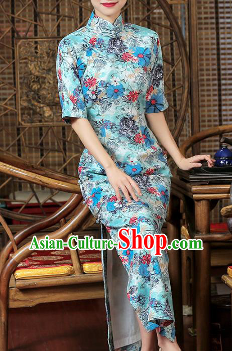Chinese Traditional Printing Flowers Cheongsam Clothing Classical Light Blue Flax Qipao Dress