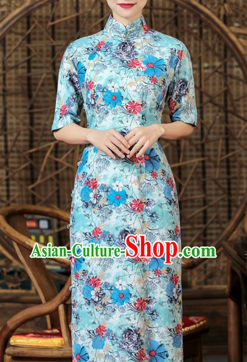 Chinese Traditional Printing Flowers Cheongsam Clothing Classical Light Blue Flax Qipao Dress