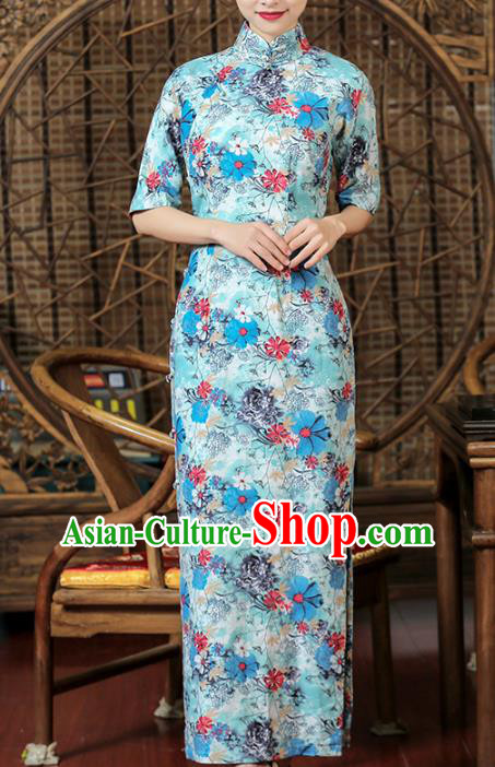 Chinese Traditional Printing Flowers Cheongsam Clothing Classical Light Blue Flax Qipao Dress