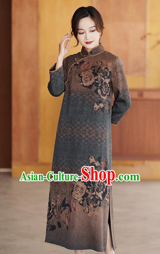 Chinese Classical Printing Brown Silk Qipao Dress Traditional Gambiered Guangdong Gauze Cheongsam