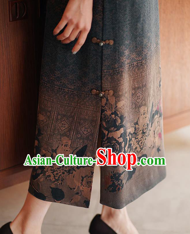 Chinese Classical Printing Brown Silk Qipao Dress Traditional Gambiered Guangdong Gauze Cheongsam