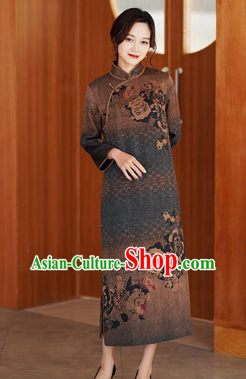 Chinese Classical Printing Brown Silk Qipao Dress Traditional Gambiered Guangdong Gauze Cheongsam
