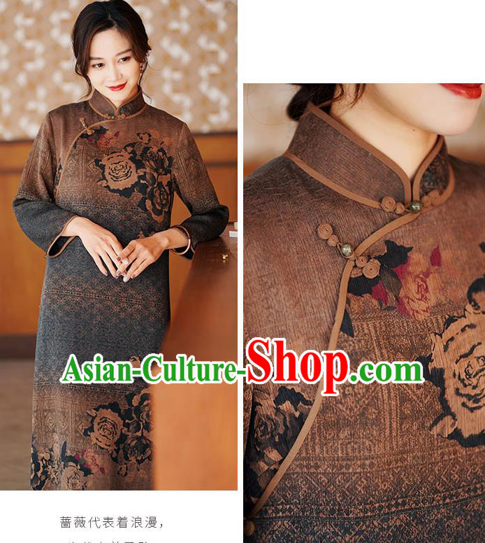 Chinese Classical Printing Brown Silk Qipao Dress Traditional Gambiered Guangdong Gauze Cheongsam