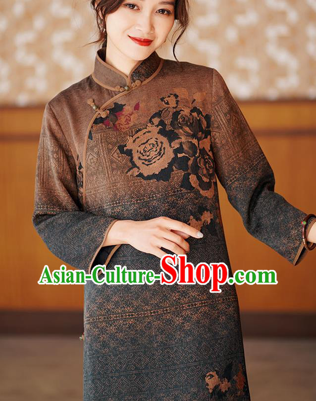 Chinese Classical Printing Brown Silk Qipao Dress Traditional Gambiered Guangdong Gauze Cheongsam