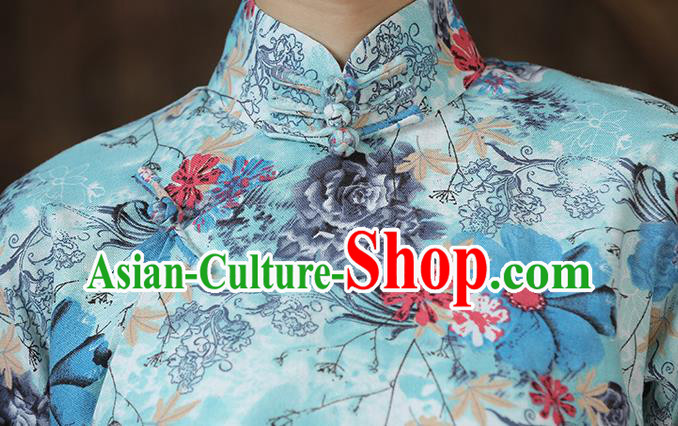 Chinese Traditional Printing Flowers Cheongsam Clothing Classical Light Blue Flax Qipao Dress