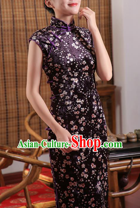 Chinese Traditional Shanghai Beauty Cheongsam Clothing Classical Purple Pleuche Qipao Dress