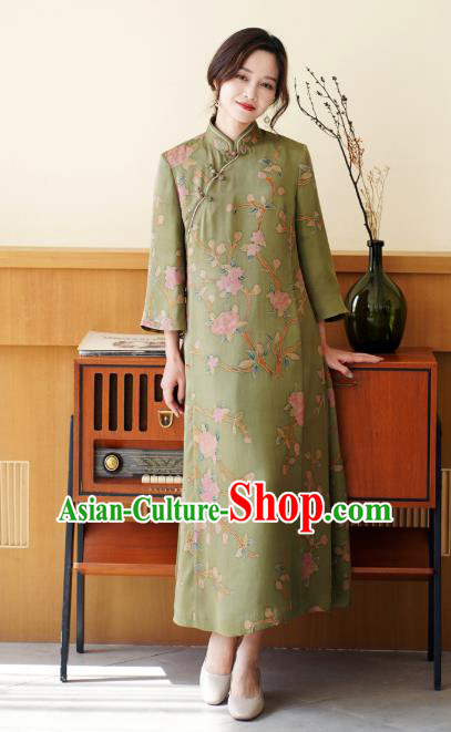 Republic of China Classical Green Silk Qipao Dress Traditional Hand Painting Flowers Cheongsam Clothing