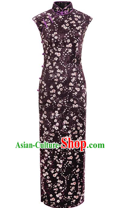 Chinese Traditional Shanghai Beauty Cheongsam Clothing Classical Purple Pleuche Qipao Dress