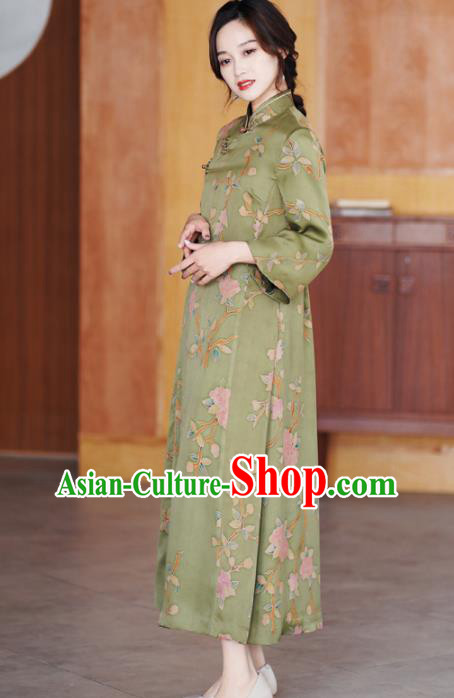 Republic of China Classical Green Silk Qipao Dress Traditional Hand Painting Flowers Cheongsam Clothing