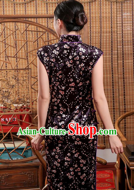 Chinese Traditional Shanghai Beauty Cheongsam Clothing Classical Purple Pleuche Qipao Dress