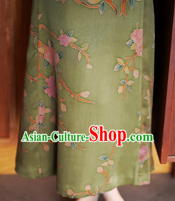 Republic of China Classical Green Silk Qipao Dress Traditional Hand Painting Flowers Cheongsam Clothing