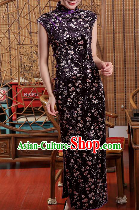 Chinese Traditional Shanghai Beauty Cheongsam Clothing Classical Purple Pleuche Qipao Dress