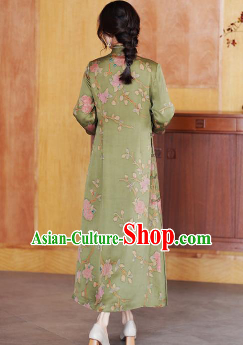Republic of China Classical Green Silk Qipao Dress Traditional Hand Painting Flowers Cheongsam Clothing