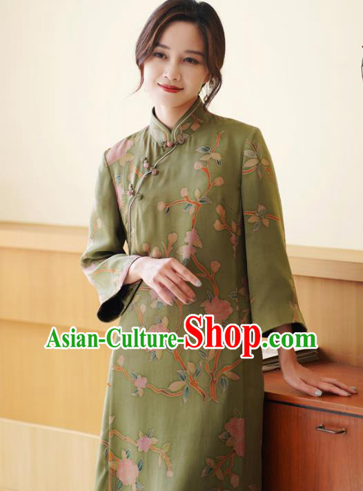 Republic of China Classical Green Silk Qipao Dress Traditional Hand Painting Flowers Cheongsam Clothing