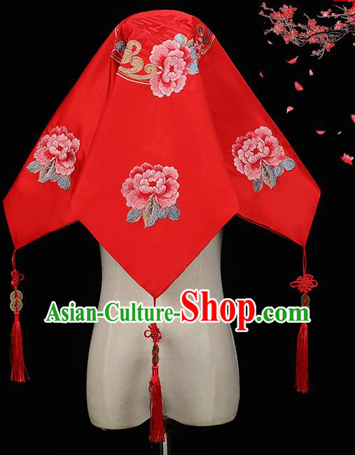 China Bride Red Veil Xiuhe Suit Embroidered Peony Headdress Traditional Wedding Headwear