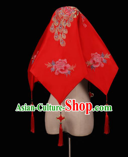 China Traditional Wedding Satin Headwear Bride Red Veil Xiuhe Suit Embroidered Peacock Peony Headdress