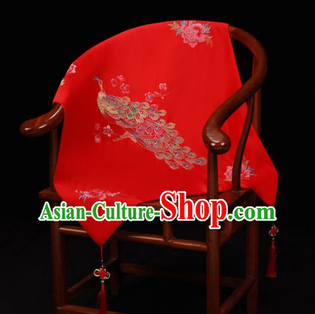 China Traditional Wedding Satin Headwear Bride Red Veil Xiuhe Suit Embroidered Peacock Peony Headdress