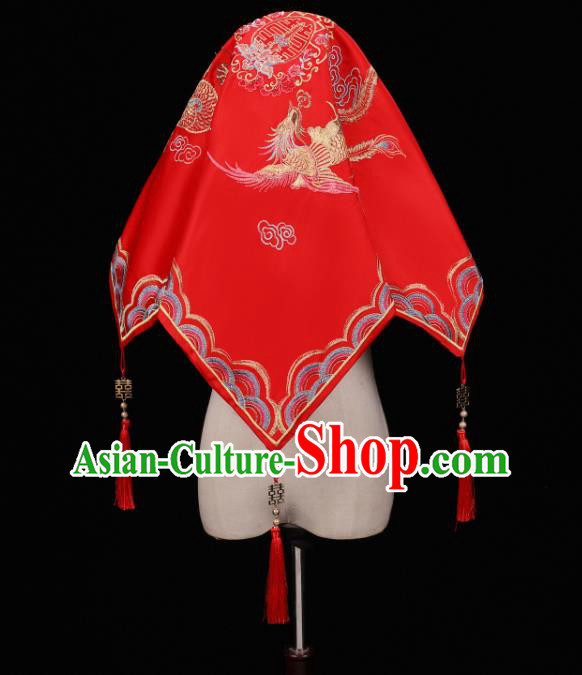 China Traditional Wedding Headwear Xiuhe Suit Headdress Embroidered Dragon Phoenix Bride Red Veil
