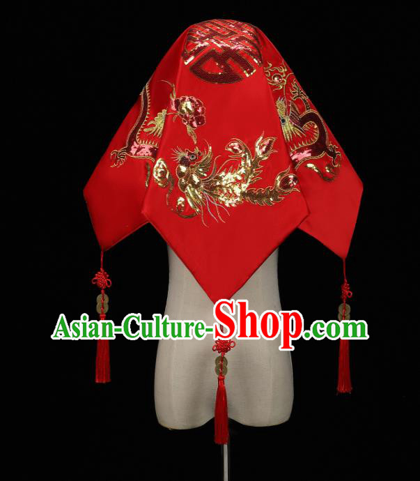 China Embroidered Golden Sequins Dragon Phoenix Bride Red Veil Traditional Wedding Headwear Xiuhe Suit Headdress