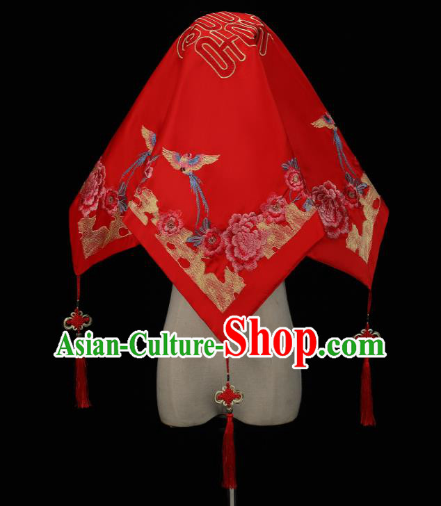 China Bride Red Veil Traditional Wedding Headwear Xiuhe Suit Embroidered Peony Headdress