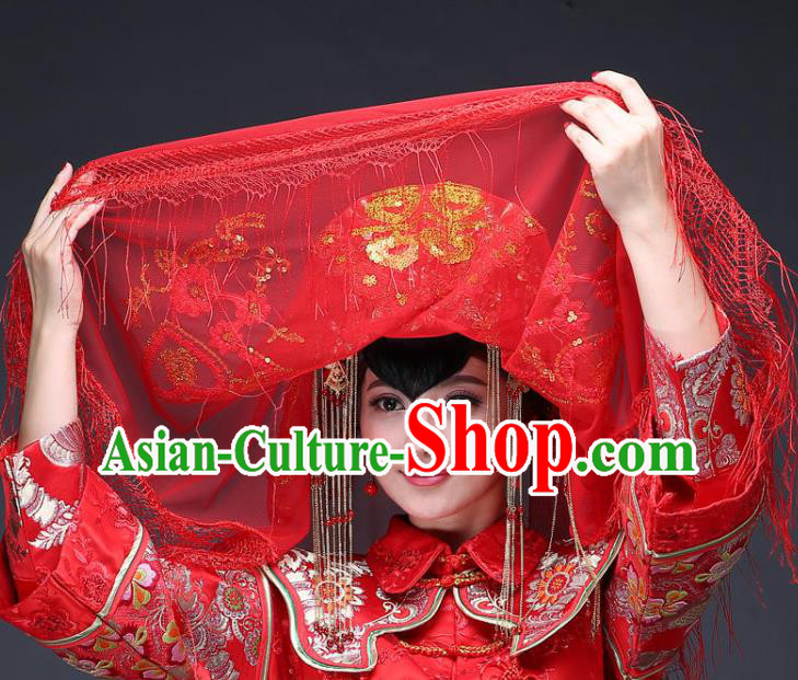 China Bride Red Lace Tassel Veil Traditional Wedding Headwear Xiuhe Suit Headdress