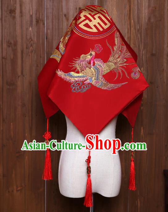 China Embroidered Dragon Phoenix Bride Red Veil Traditional Xiuhe Suit Headdress Wedding Headwear