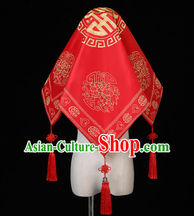 China Traditional Wedding Headwear Ancient Bride Red Veil Xiuhe Suit Red Satin Kerchief Headdress