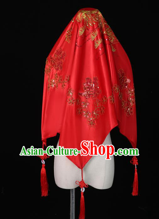 China Embroidered Sequins Mandarin Duck Bridal Veil Xiuhe Suit Red Satin Kerchief Traditional Wedding Headwear