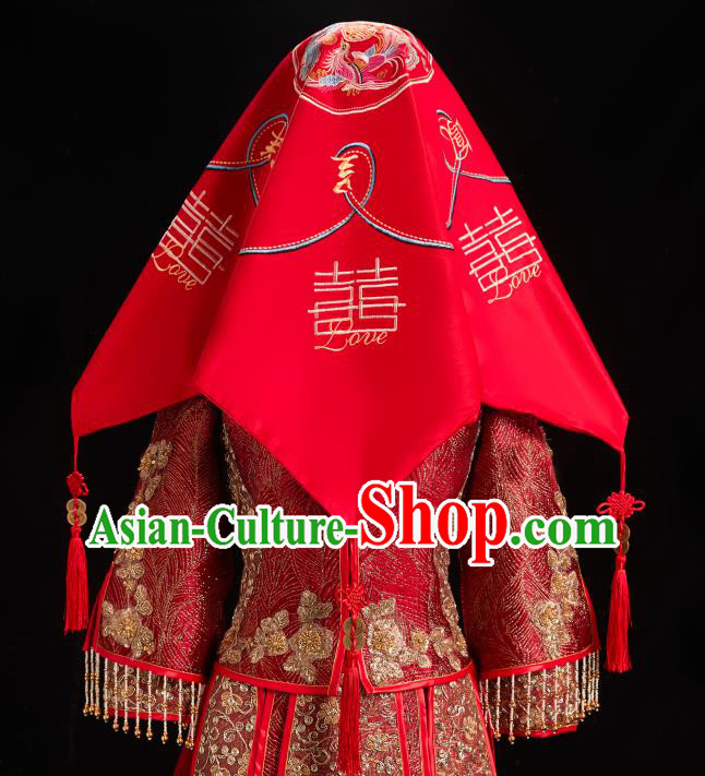 China Traditional Wedding Headdress Embroidered Dragon Phoenix Bridal Veil Xiuhe Suit Red Satin Kerchief