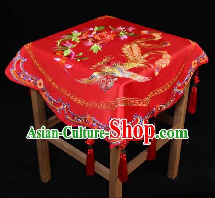 China Traditional Wedding Xiuhe Suit Headdress Embroidery Dragon Phoenix Red Bridal Veil Kerchief