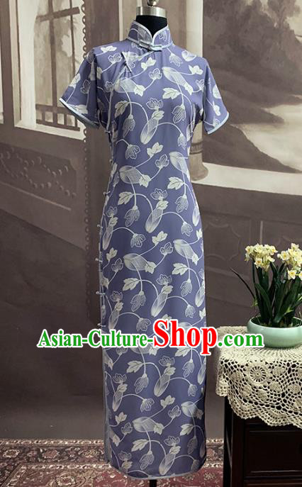 Chinese Classical Printing Purple Chiffon Cheongsam Traditional Stage Show Qipao Dress