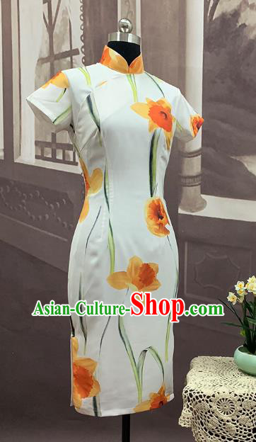 Chinese Classical Printing Flowers Cheongsam Traditional Dance Performance Qipao Dress Costume