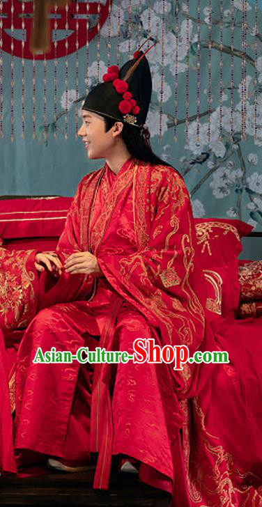 China Traditional Ming Dynasty Scholar Wedding Historical Costumes Ancient Bridegroom Embroidered Red Hanfu Clothing and Hat