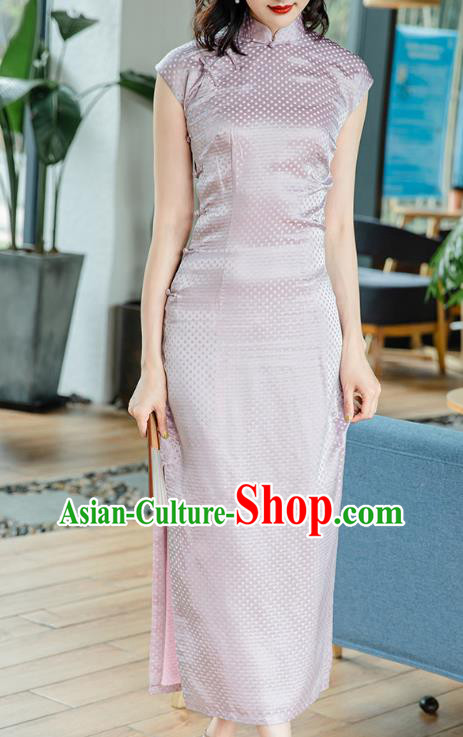 Republic of China Jacquard Brocade Cheongsam Costume Traditional Minguo Lilac Silk Qipao Dress
