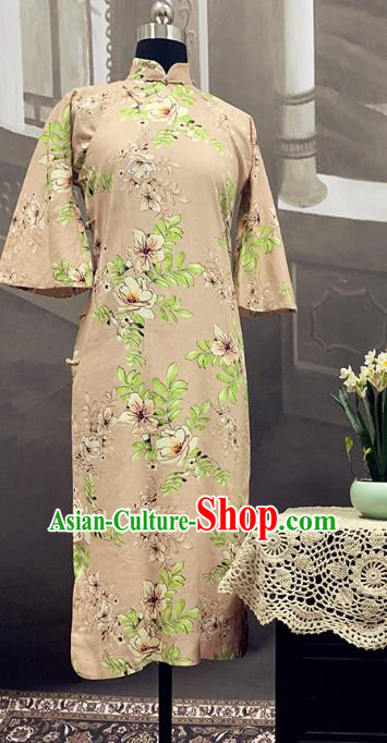 Republic of China Mandarin Sleeve Cheongsam Costume Traditional Minguo Printing Beige Flax Qipao Dress