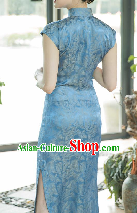 Republic of China Silk Cheongsam Costume Traditional Minguo Jacquard Blue Brocade Qipao Dress