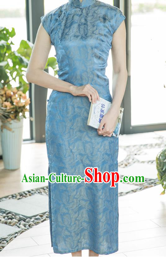Republic of China Silk Cheongsam Costume Traditional Minguo Jacquard Blue Brocade Qipao Dress