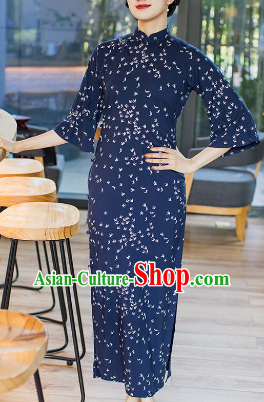 Republic of China Ruffle Sleeve Cheongsam Costume Traditional Minguo Printing Swallow Deep Blue Qipao Dress