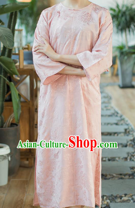 Republic of China Slant Opening Cheongsam Costume Traditional Minguo Pink Brocade Qipao Dress